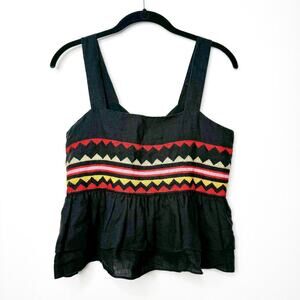 Carolina K Linen Embroidered Double Ruffle Peplum Black Sleeveless Top Small